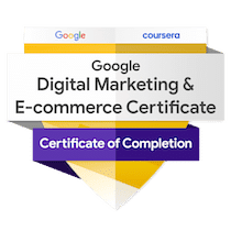 Yellow and white badge with purple banner across for Google Digital Marketing and E-commerce Certificate of Completion