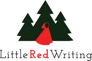 Little Red Writing logo with three black trees and a red cape in front.