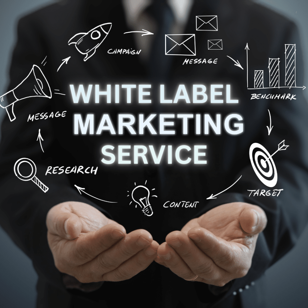 Two hand cupped with various icons for marketing circling White Label Marketing Service. 