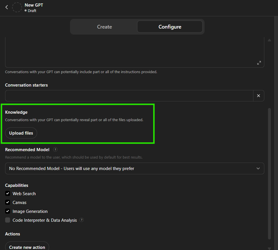 GPT configuration screen with the area to upload files highlighted in green.